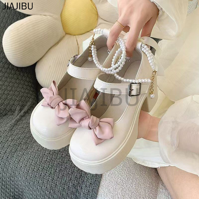 Size 34-44 Giày Nữ Size Lớn Chất Lượng Cao 43 Korean Fashion Platform Bow Mary Jane Shoes 42 Giày Lolita Đồng Phục JK Nhật Bản French Beige Beaded Thick Heel Doll Shoes Giày Cosplay Cao Gót Mũi Tròn Chống Trượt Phong Cách Anh Quốc Giày Bên Giày Khiêu Vũ