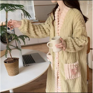 Bộ đồ ngủ cardigan cầu vồng nữ flannel áo ngủ giữ ấm mùa thu đông bộ hai chiếc đồ mặc nhà thường ngày cỡ lớn