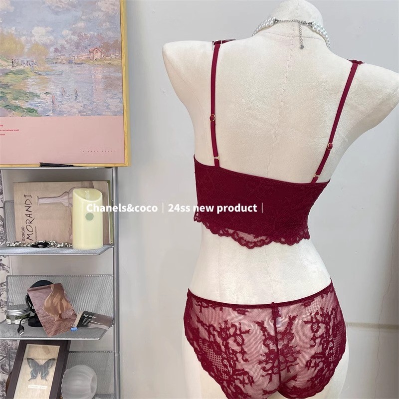 Bộ Đồ Lót Ren Đỏ Nữ Phong Cách Pháp Không Dây Lưng Đẹp Áo Cưới