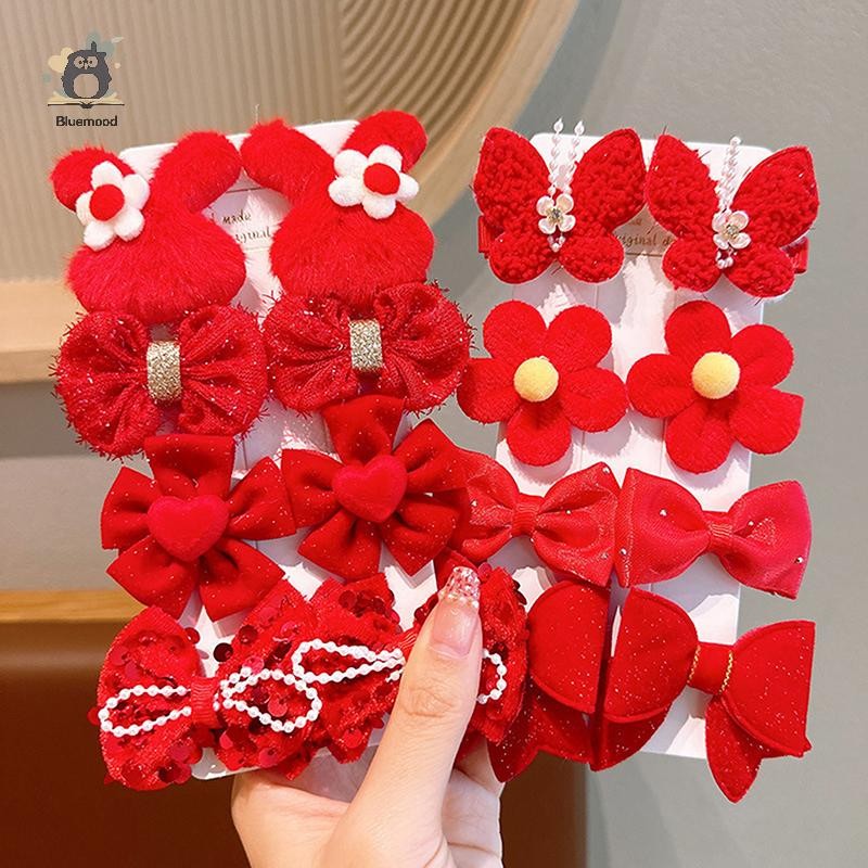 [Bluemood] 8 Cái / bộ Kẹp Tóc Nơ Đỏ Cho Bé Gái Handmade Ruy Băng Nơ Kẹp Tóc Barrettes Năm Mới Giáng Sinh Phụ Kiện Tóc Mới