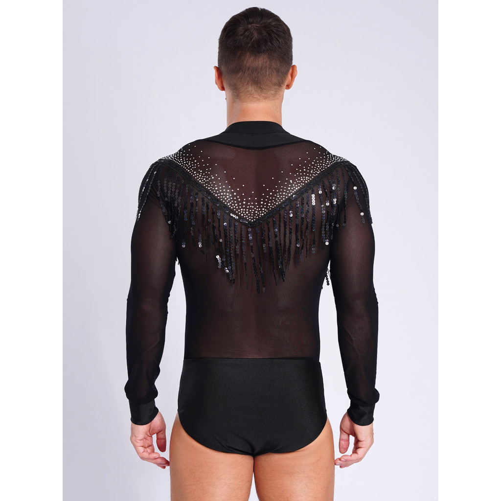 Nyeemya S-XXL Nam Khiêu Vũ Latin Leotard Sâu Cổ Chữ V Sheer Lưới Chắp Vá Tua Rua Đính Kim Cương Giả Body Cho Salsa Thi Đấu Sân Khấu Biểu Diễn