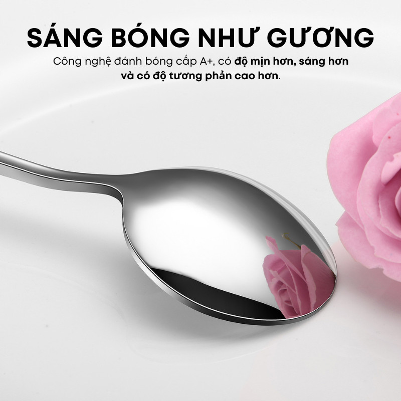 Bộ Muỗng Thìa Inox Miệng Tròn Cán Trơn Nhiều Kích Cỡ Cao Cấp Sáng Bóng Bền Đẹp T3