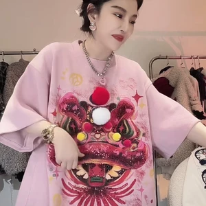 Áo thun ngắn tay Cotton nguyên chất màu hồng dành cho nữ Slimer Look Sequined thêu hàng đầu