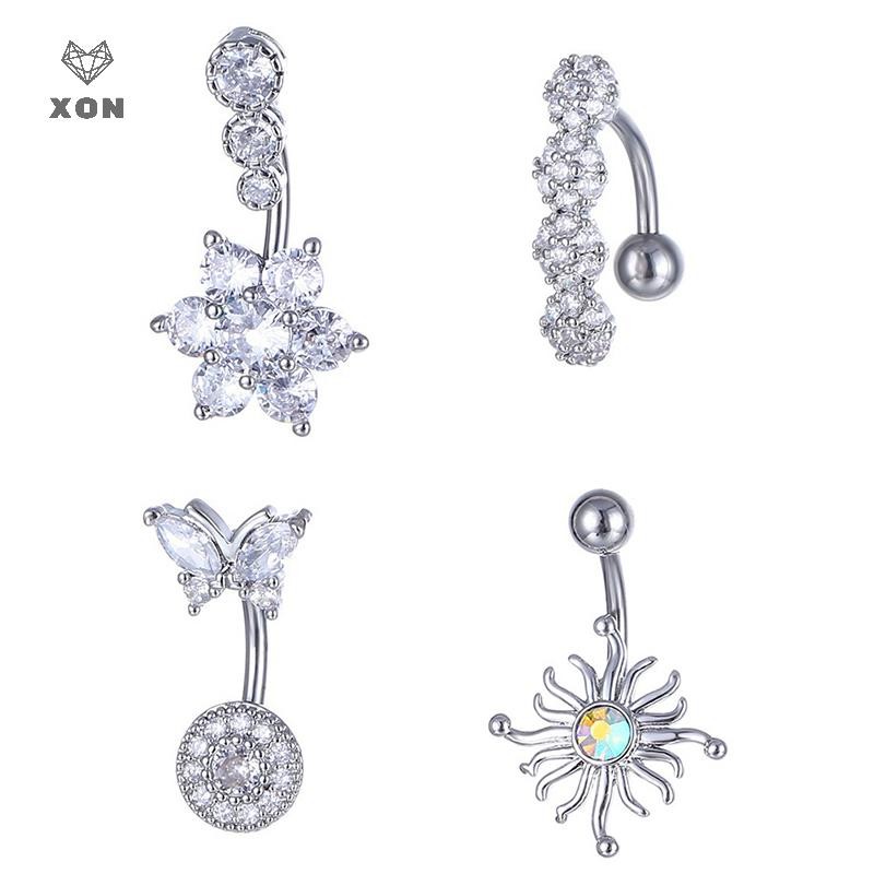 XON Khuyên Rốn Dạng Thanh Tạ Cong Bằng Thép Không Gỉ Hình Trái Tim Đính Pha Lê Gợi Cảm