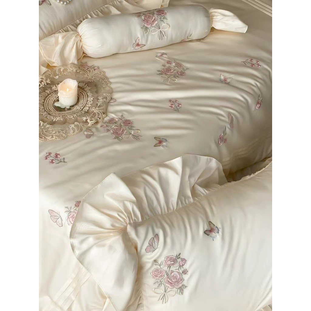 (L41490) Bộ Chăn Ga Gối Chất Liệu Tencel 60s Mềm Mại Thêu Hoa Nổi Tinh Xảo Bèo Rủ Nhẹ Nhàng - MemMinbedding Luxury