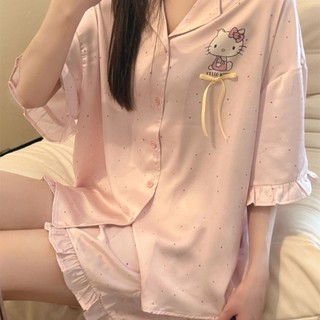 Đồ ngủ Hellokitty Viền hoa Nữ Mẫu mới mùa hè Quần short ngắn tay Phong cách Nhật Bản Bộ đồ mặc nhà học sinh