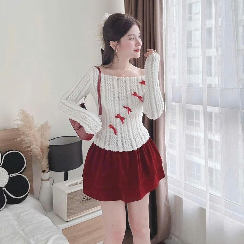 sét đồ đi chơi giáng sinh nữ, áo len cổ bẹt đính nơ, kèm chân váy ngắn xếp tầng sang chảnh Women Top Nhung