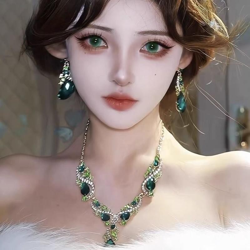 Retro Cung Điện Phong Cách Xanh Giọt Nước Vòng Cổ Bông Tai Nữ Ánh Sáng Sang Trọng Cảm Giác Cao Cấp