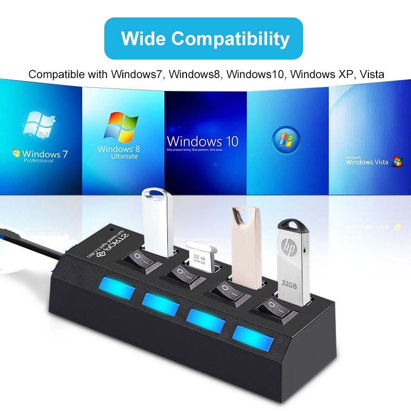 [Sẵn sàng] Bộ chuyển đổi bộ chia USB 2.0 4 cổng Hub 480 Mbps có công tắc bật / tắt cho máy tính xách tay PC