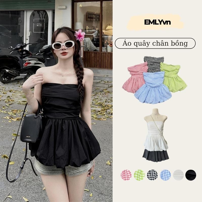 Áo Quây Cúp Ngực Bồng Áo Bí Sang Chảnh Cho Nữ, Áo Cúp Ngực Kiểu Bánh Bèo Kẻ Cá Tính