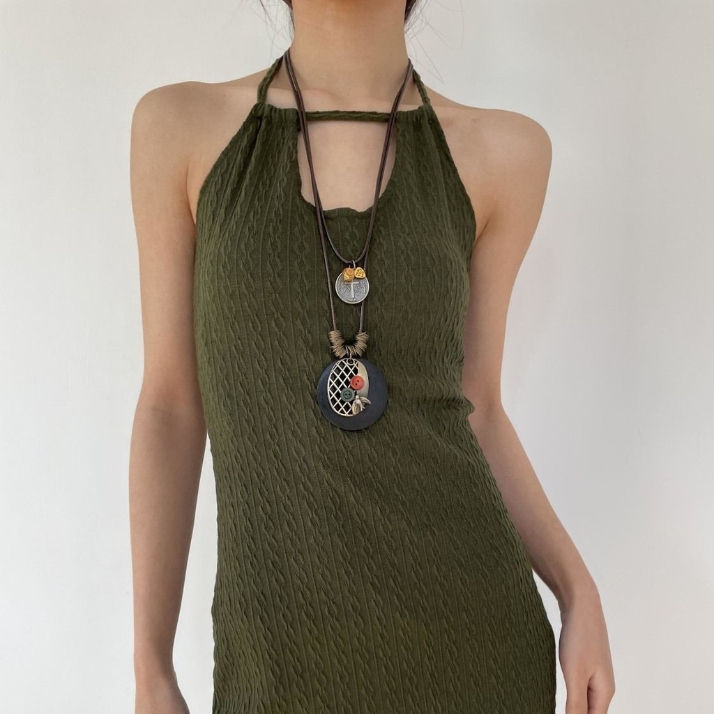 [3485 Người Đã Thích] Dây chuyền áo len gỗ phong cách rừng, phụ kiện vintage, phong cách Trung Quốc, dây chuyền dài với mặt dây chuyền tròn xếp chồng nhiều lớp, phong cách dân tộc URQQ