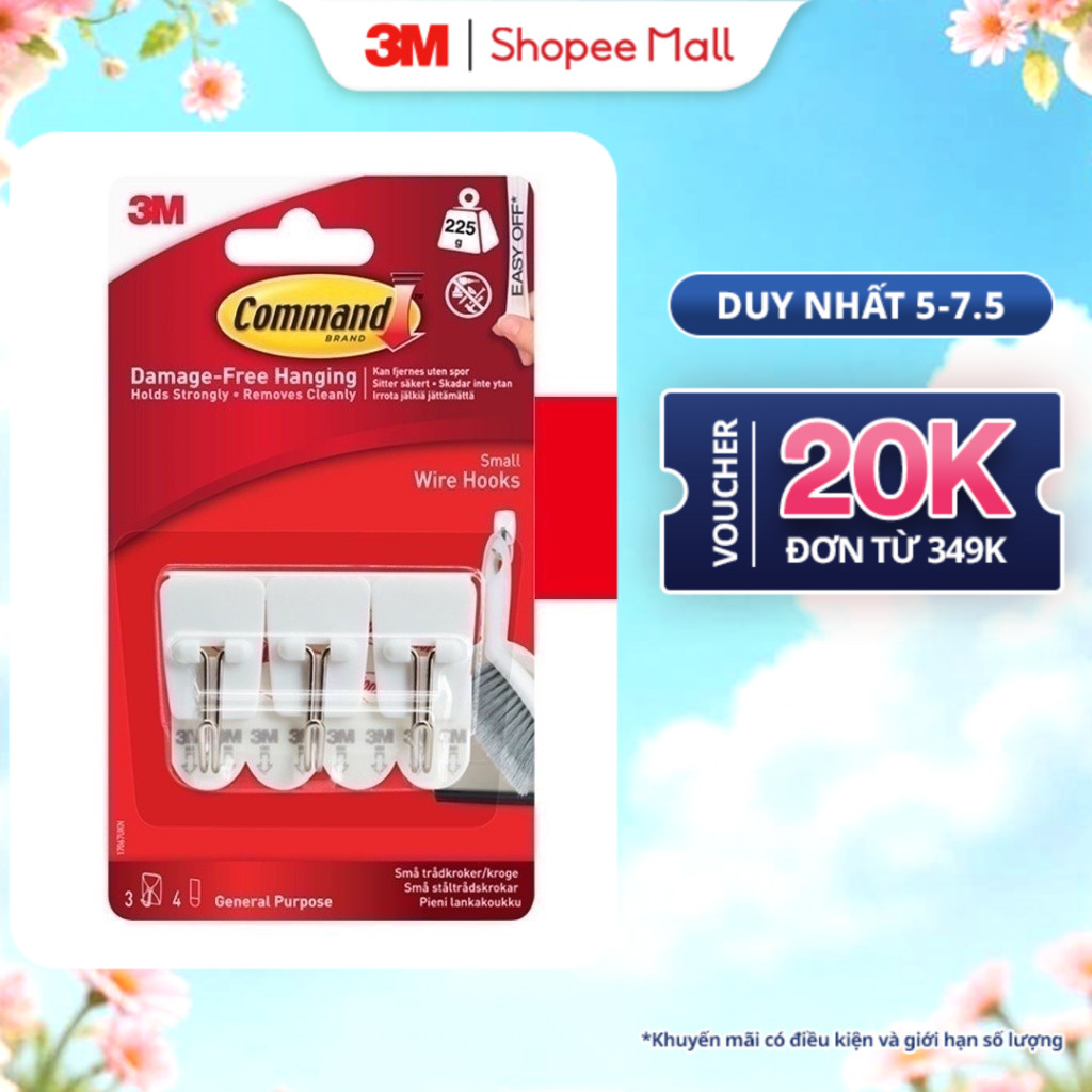 Ảnh Móc dán tường đầu kim loại chịu lực 225g 3M™ Command™, 17067, đầu kim loại, bám cực chắc, chịu lực 225g, vỉ 3 cái 1
