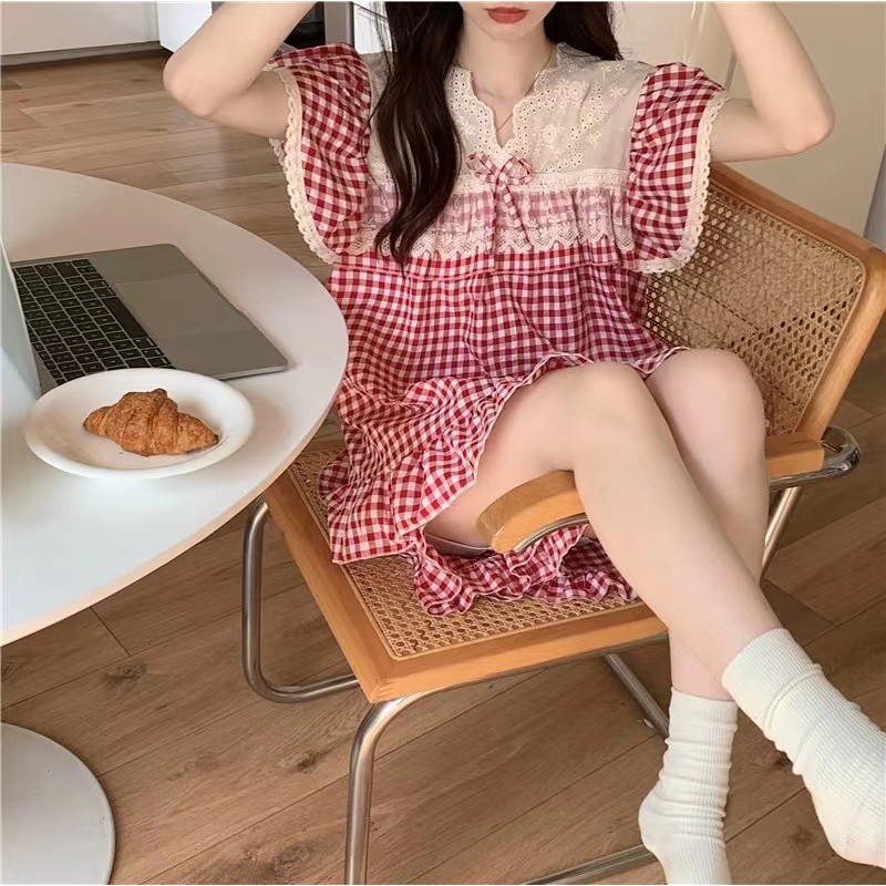 Đồ Bộ Ngủ Nữ Mùa Hè Tay Ngắn Caro Bigsize Mặc Nhà Form Rộng Mát Mẻ Dáng Tiểu Thư – PONA