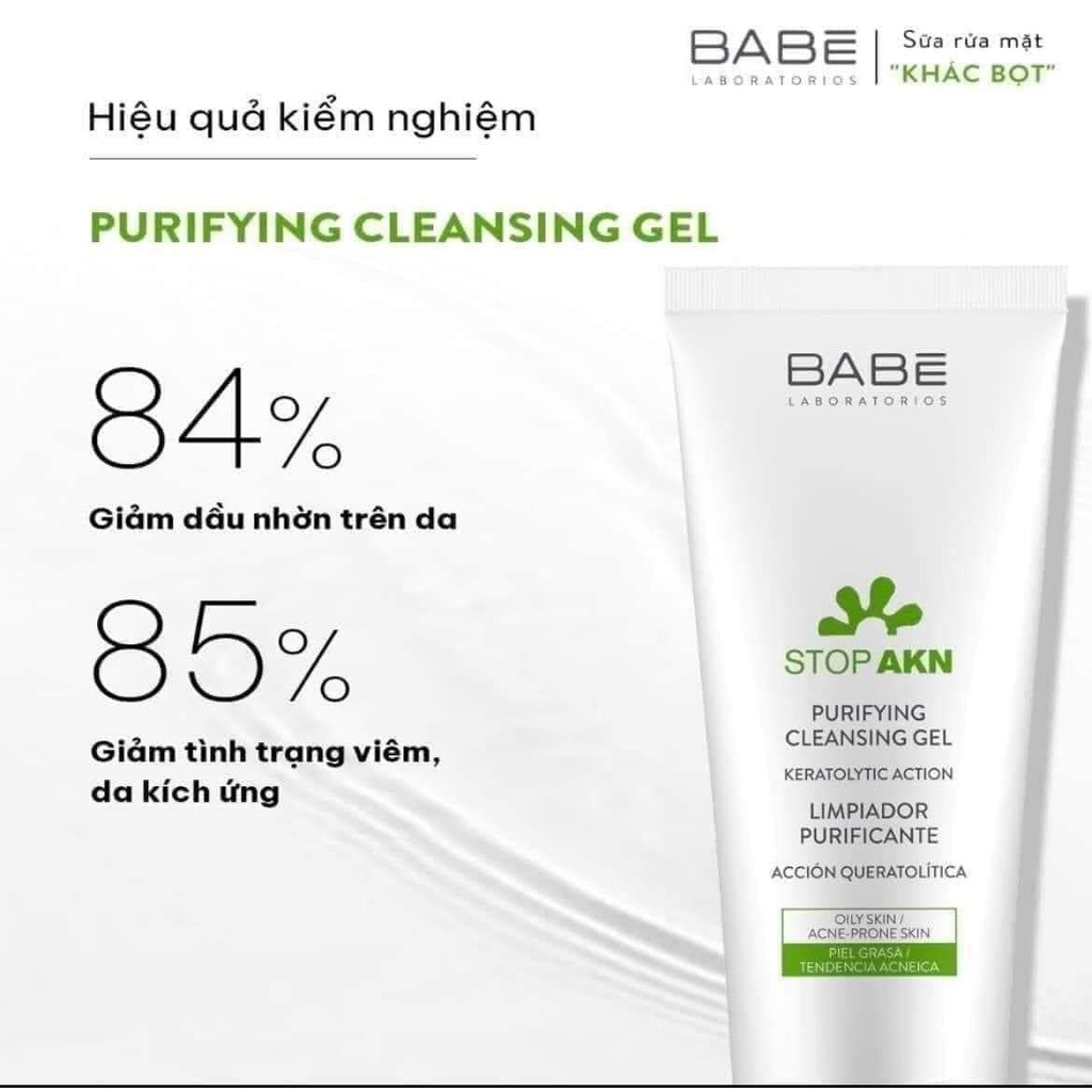 Gel rửa mặt dịu nhẹ cho da dầu mụn BABE Stop AKN Purifying Cleansing ɡel 200ml