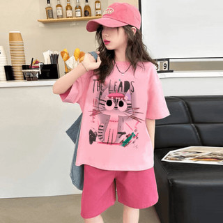 Set đồ bé gái mùa hè kiểu dáng Hàn Quốc – Áo thun mèo in hình + quần short lửng dễ thương