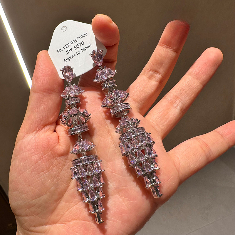 Bông tai dài Zircon màu hồng, phong cách Hàn Quốc sang trọng