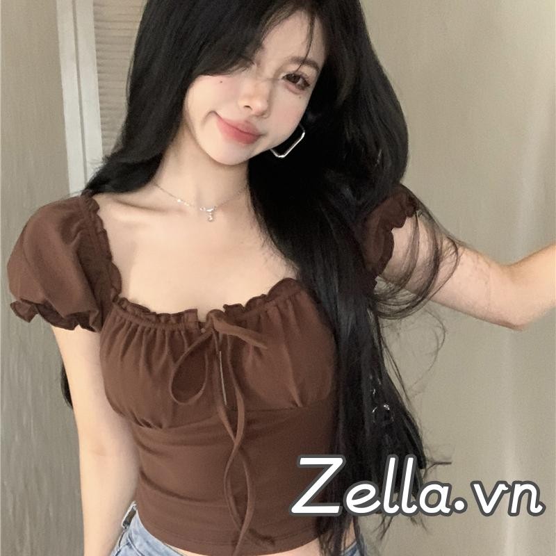 Phụ Nữ Dễ Thương Crop Áo Thun Thường Ngày Mùa Hè Màu Trơn Dây Rút Ruffle Cơ Bản Áo Tay Ngắn