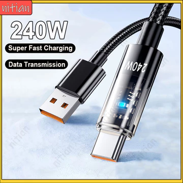PD 240W Đèn báo sạc siêu nhanh Cáp dữ liệu USB Type C 6A Cáp sạc nhanh loại C bện Nylon Dây sạc truyền dữ liệu tốc độ cao trong suốt