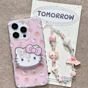 Ốp điện thoại hình mèo KT ngọt ngào dễ thương + đế + dây buộc cho iPhone 17 16 15 14 13 12 11 Pro Max X Xr Xs Max 7 8 Plus SE2020