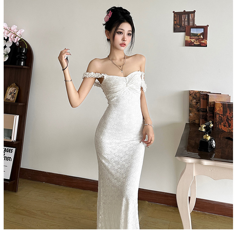 Klalien Rud Jacquard Đầm Nữ Slash Cổ Lưng Không Tay Thanh Lịch Sinh Nhật Áo Choàng Xu Hướng Sang Trọng Dài Bodycon