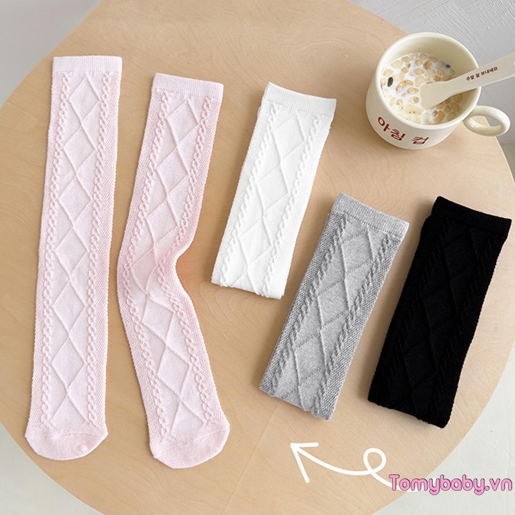 Tất cao đùi bé gái màu trơn Tất chống trượt thoáng khí