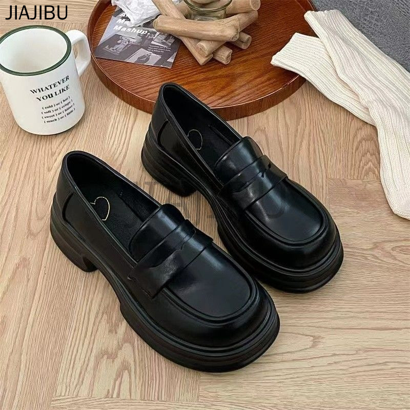 Size 35-45 Giày Nữ Cỡ Lớn Giày Đi Học Cao Gót Màu Đen Phong Cách Học Sinh Giày Da Nhỏ Kiểu Dáng Phong Cách Anh Quốc Đế Dày Chống Trượt Kiểu Dáng Lolita Korean Fashion Platform Cosplay Slip-on Platform Mary Jane Shoes Retro Japanese JK Uniform Doll Shoes