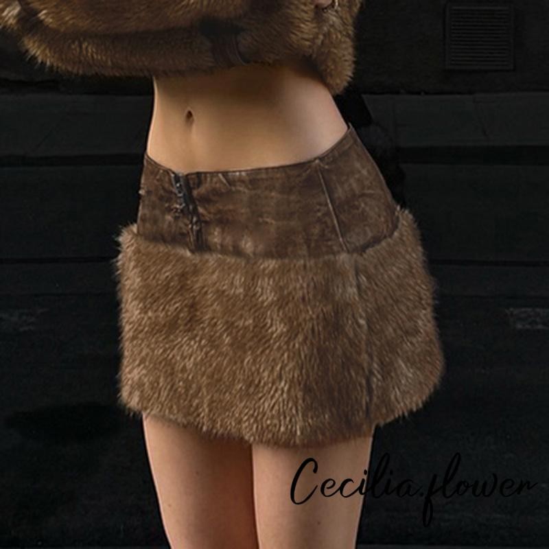Váy chắp vá bằng da lông thú nữ eo thấp phía trước có dây kéo Bodycon Váy Mini cho bữa tiệc
