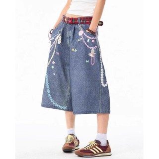 GKSSS Quần short denim nam kiểu Mỹ cổ điển dáng rộng phong cách hip-hop giản dị in dây chuyền màu phong cách trung tính