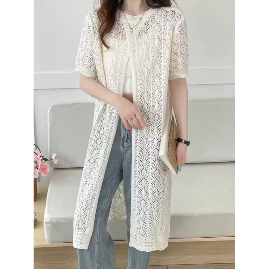 SUXI Mùa hè Mới Đơn Giản Nữ Phong Cách Hàn Quốc Móc Hoa Rỗng Dệt Kim Cardigan 250510