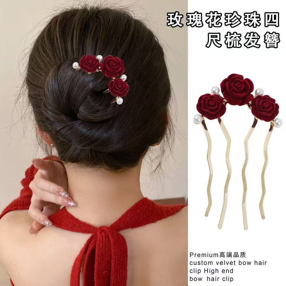 Kẹp tóc lược đính hoa hồng 133cm xanh, phong cách Trung Hoa, phụ kiện tóc đầu sau