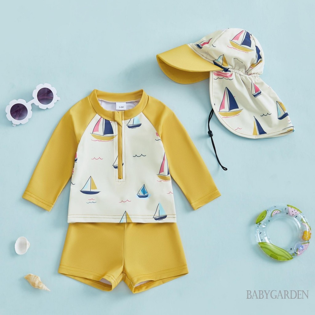 / / -0-6 tuổi Bộ đồ bơi bảo vệ phát ban cho bé trai Bộ áo dây kéo dài tay in thuyền buồm với quần short chắc chắn và mũ bơi 3 trang phục