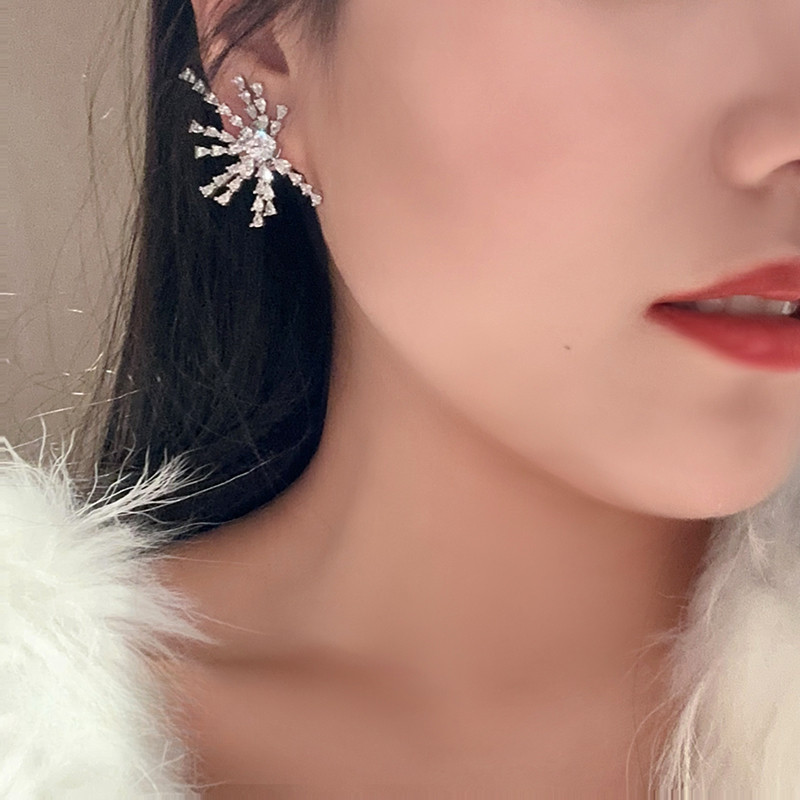 Bông Tai Phóng Đại Độc Đáo Kim Cương Đính Đôi Cánh Zircon Pháo Hoa Hình Quạt Bông Tai Nữ Châu Âu Mỹ Thời Trang Sang Trọng