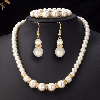 [Gou] Bộ 3in1 Vòng Cổ Ngọc Trai Mô Phỏng Thanh Lịch Bông Tai Vòng Cổ Dài Nữ Cô Dâu Trang Sức Cưới Quà Tặng VN