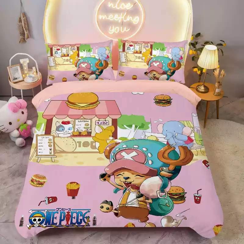 Ps1 ONE PIECE Luffy 3IN1 Ga trải giường Vỏ chăn gối Bộ chăn ga gối Phòng ngủ gia đình Bộ đồ Anime có thể giặt được SP1