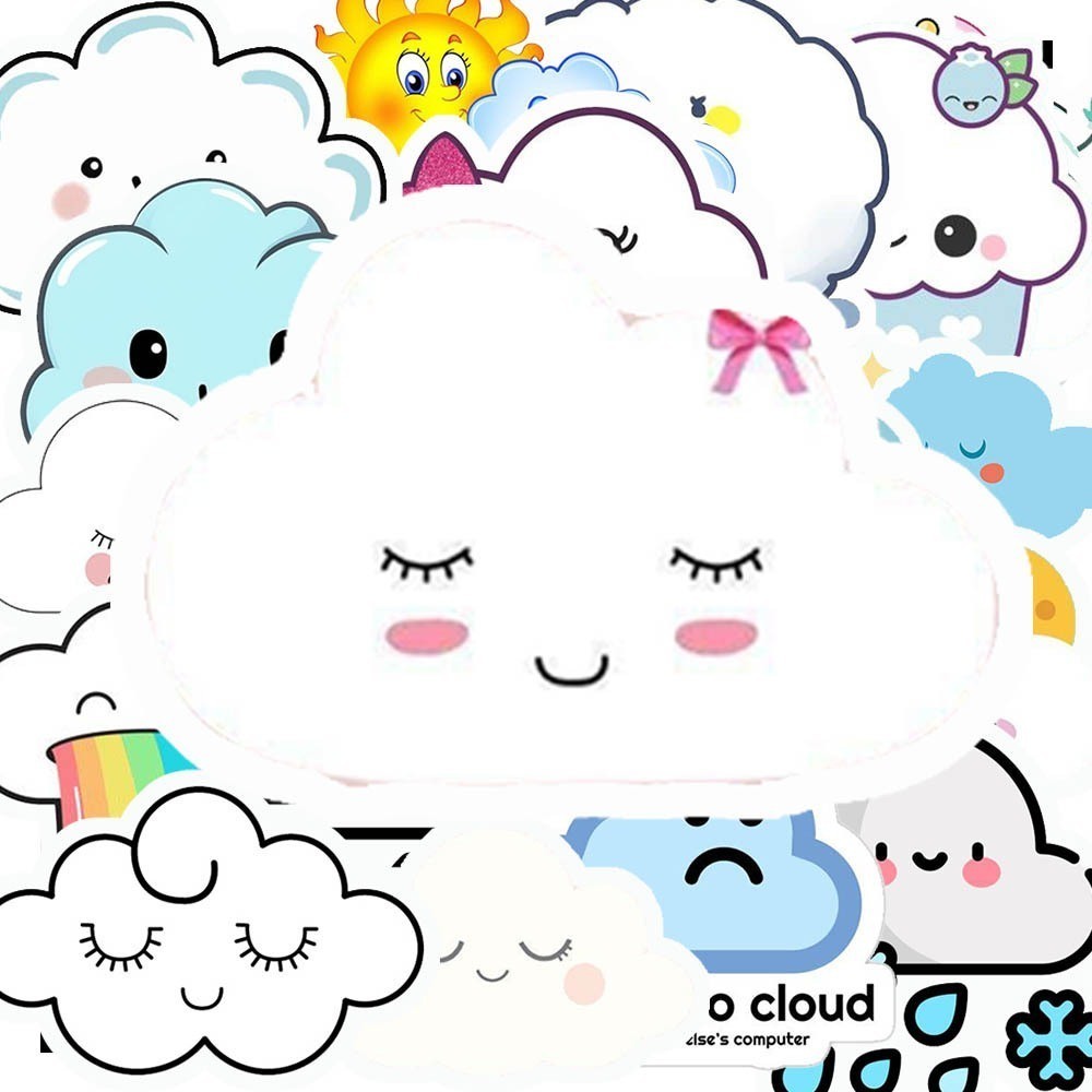 Hộp 50 Nhãn Dán Hình ĐÁM MÂY CUTE Decal Phản Quang 7 Màu Halogram Chống Nước