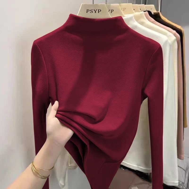 Áo giữ ấm áo mặc trong cổ cao nửa nữ áo phông màu trơn phối bên trong giữ ấm ôm dáng dài tay dày dặn cho nữ