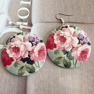 Ghgl❤️T Hợp Thời Trang Retro In Hoa Văn Bông Tai Gỗ Tròn Lớn Phóng Đại Bông Tai Nữ Hàn Quốc Thời Trang Độc Đáo Bông Tai