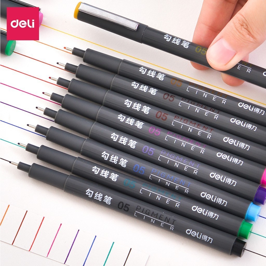 Bộ 9 bút line, lông kim đi nét nhiều màu Deli ngòi bọc kim loại 0.5mm viết caligraphy thư pháp trang trí sổ tay S572