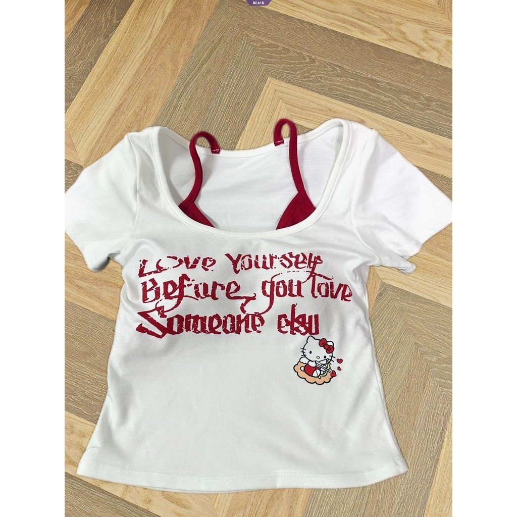 Mùa Hè Spice Girls Giả Hai Chữ Cái In Hình Mèo KT Nữ Mỹ Mỏng Ngắn Có Miếng Lót Ngực Tay Ngắn [BL]