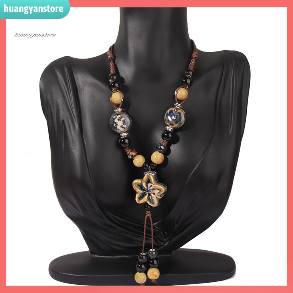 HY Gợi Cảm Vòng Cổ Mặt Dây Chuyền Gốm Vòng Cổ Handmade Bohemian Gốm Hạt Hoa Vòng Cổ Trang Sức Retro Quà Tặng Cho Nữ Dài Y Vòng Cổ Phong Cách Vintage Người Mua Đông Nam Á