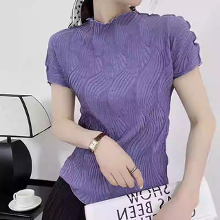 Miyake Xếp Ly Mùa Hè 2025 Phong Cách Mới Slim-fit Ôm Hơn Nhìn Ngắn Tay Nữ Co Giãn Ngắn Áo Thun Nhỏ Nữ