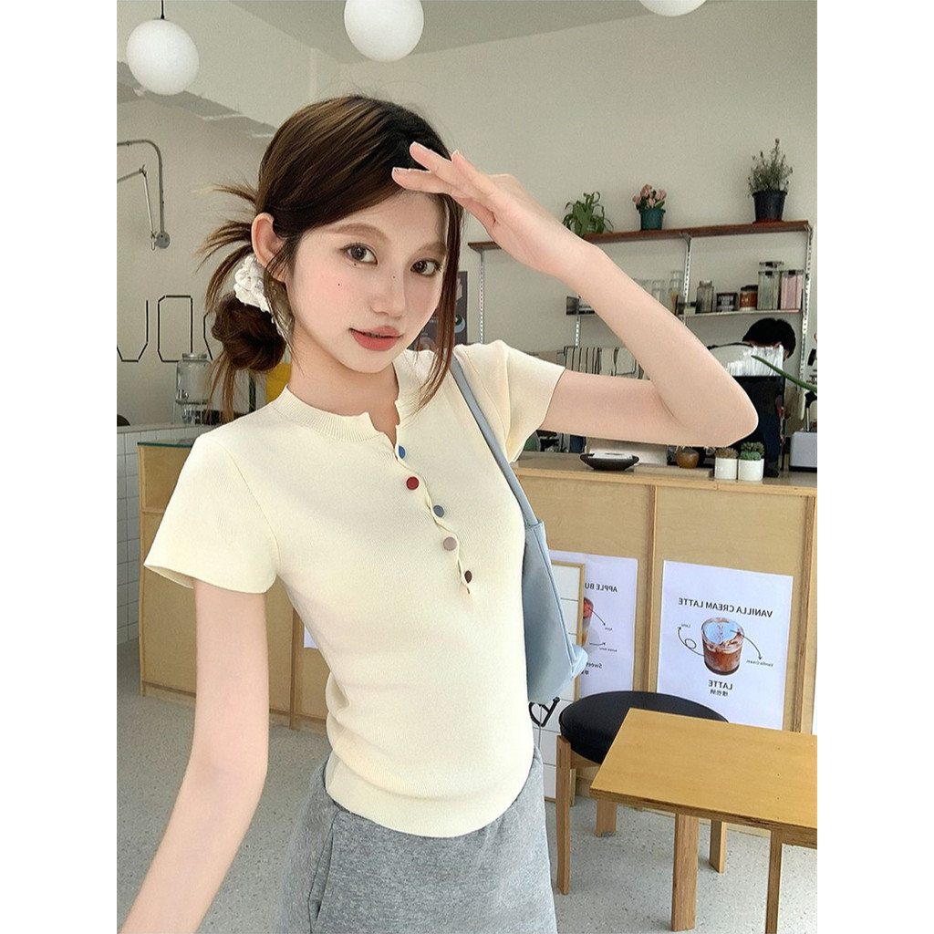 SUXI Áo thun ngắn cài nút đầy màu sắc mùa hè mới dành cho nữ 250514
