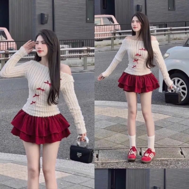 Set Áo Len Dệt Đính Nơ Chéo Mix Chân Váy Nhung