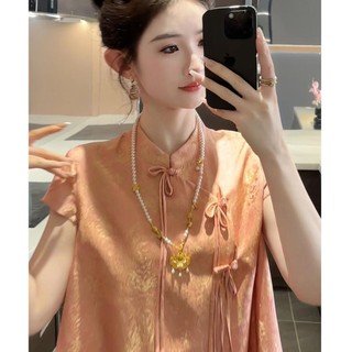 Mới Phong Cách Trung Hoa Phong Cách Trung Hoa In Hình Tinh Tế Nút Đứng Cổ Áo Sơ Mi Tay Ngắn Nữ 2024 Retro Thời Trang Top 24.12.30