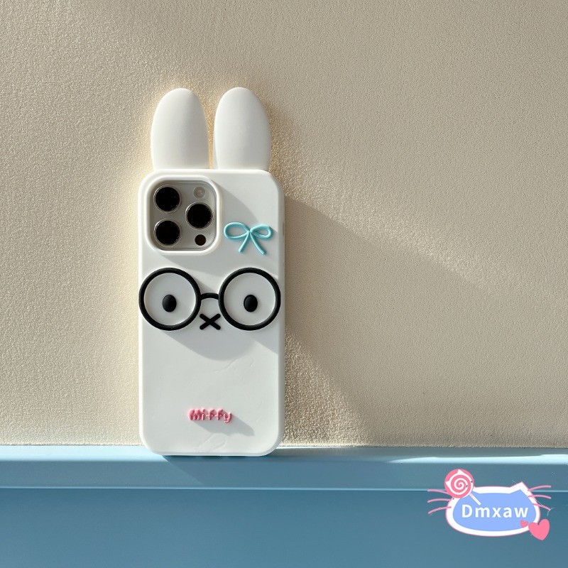Ốp Silicon Thỏ 3D Dễ Thương Cho iPhone 16 Pro Max 15 14 Plus 13 12 Pro Max Bao Xoay Kính Tai Thỏ Hoạt Hình Vỏ Mềm Chống Sốc