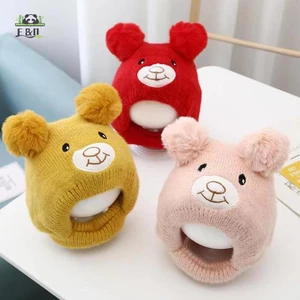 Bò Gấu Dễ Thương Cho Bé Hoạt Hình Mũ Dệt Kim Ấm Áp Thu Đông Trẻ Tập Đi Mũ Bảo Vệ Tai EMKK