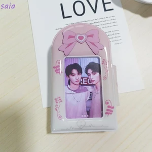 SAIA Photocard Binder, Love Bow PVC Card Album, với 16 trang bên trong Gấu hồng 3 Inch Mini Idol Card Collect Book