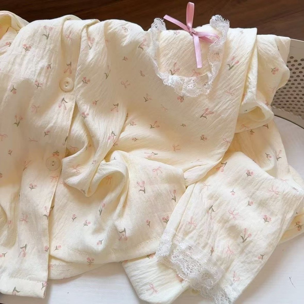 Nhật Bản Hoa Bộ Đồ Ngủ Nữ Xuân Thu Mây Mới Cotton Dễ Thương Ren Cardigan Dài Tay Quần Nhà Quần Áo Phù Hợp Với
