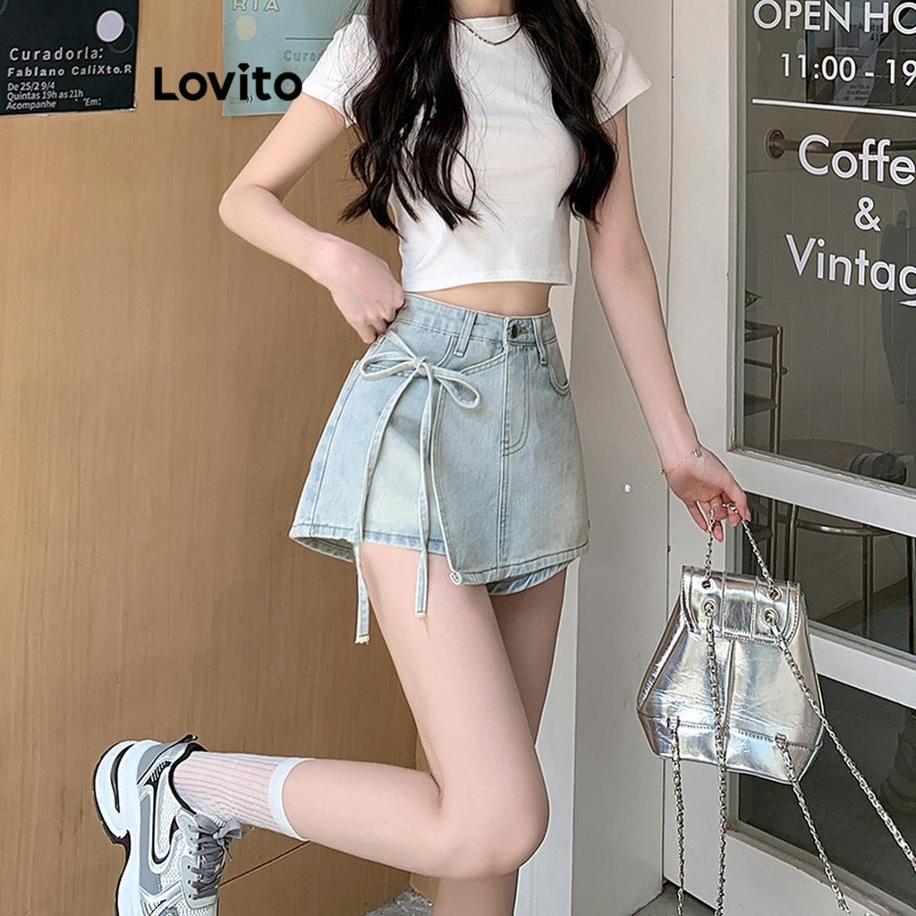 Ảnh Quần short Lovito vải denim bất đối xứng màu trơn thời trang thường ngày cho nữ LNE66508 1
