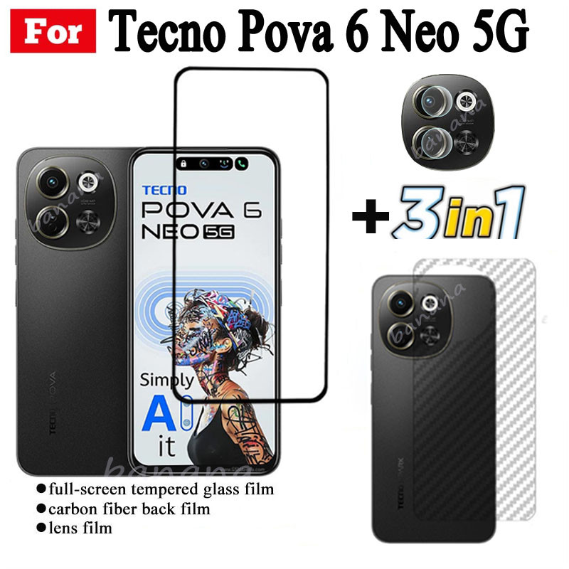 Phim kính cường lực 3 TRONG 1 Tecno Pova 6 Neo 5G cho Tecno Pova 6 Pro Spark 30C 30 5G 30 Pro Spark Go 1S Go 2025 2024 Kính bảo vệ toàn màn hình + Phim ống kính máy ảnh + Phim mặt sau
